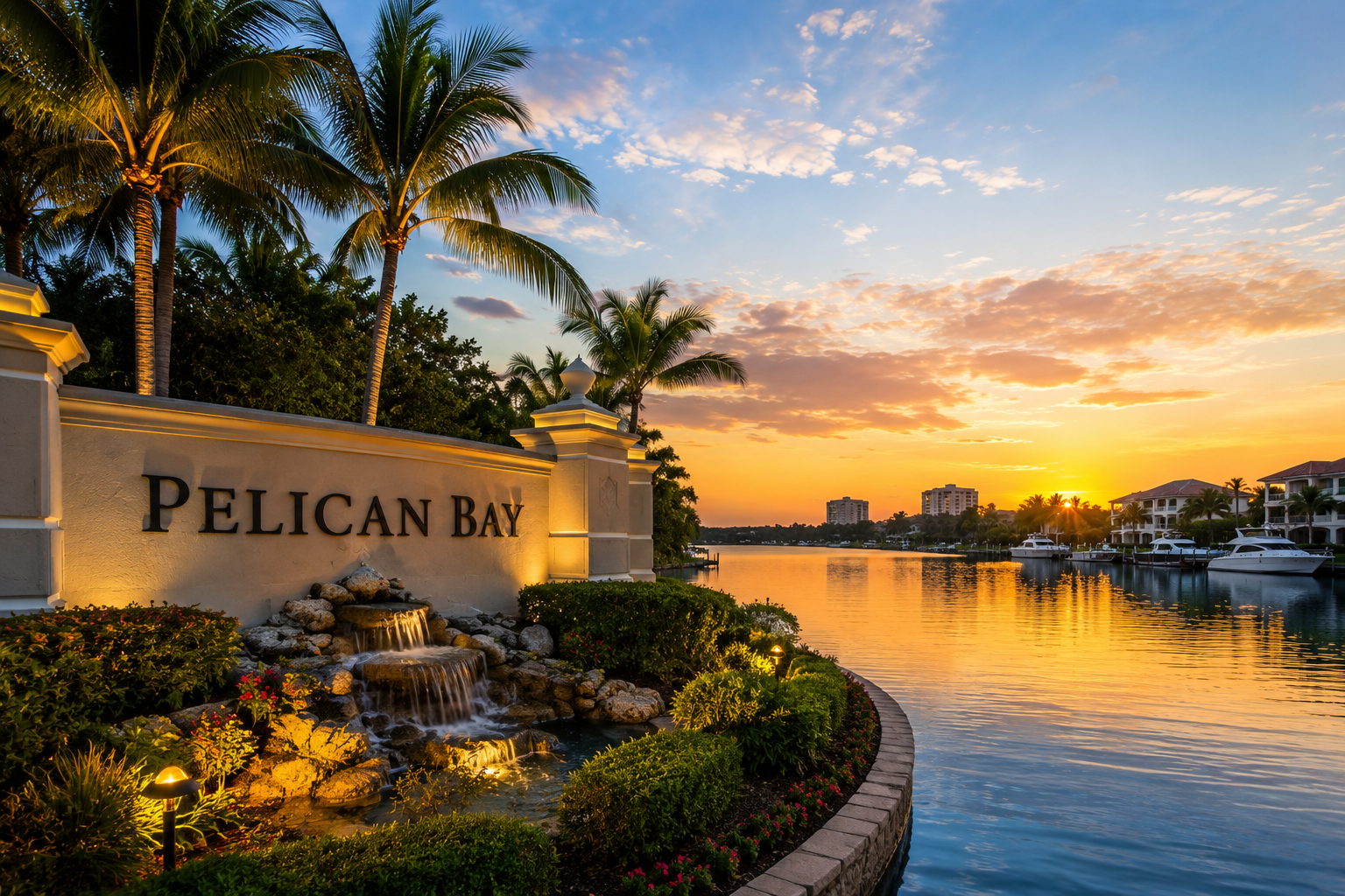 Pelican Bay sign, water, palms and sunset in Naples Florida