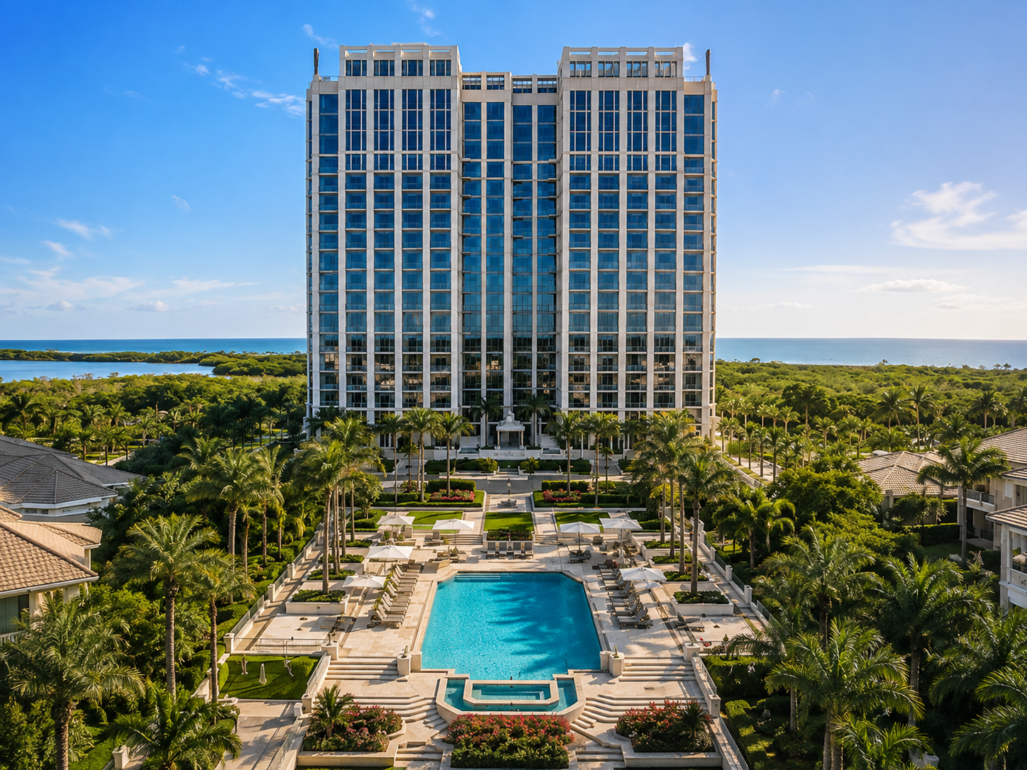 Pelican Bay towers, landscaping and lake reflection