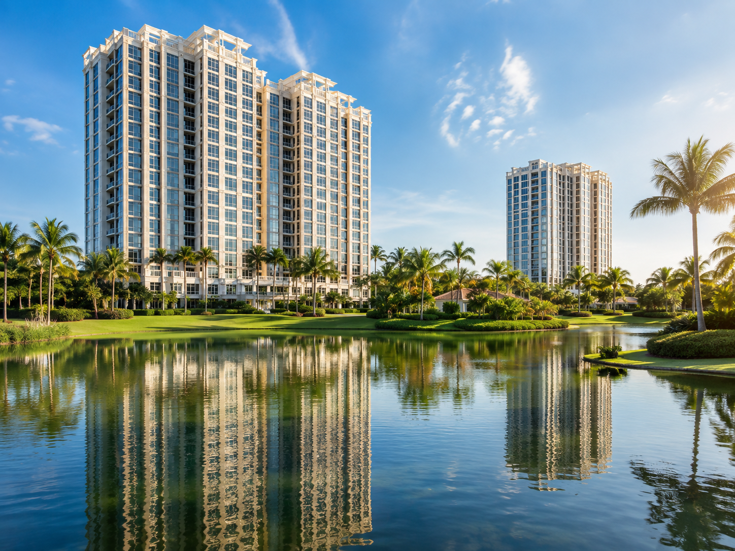 Aerial view of Pelican Bay condominiums, lakes, greenery and the Gulf