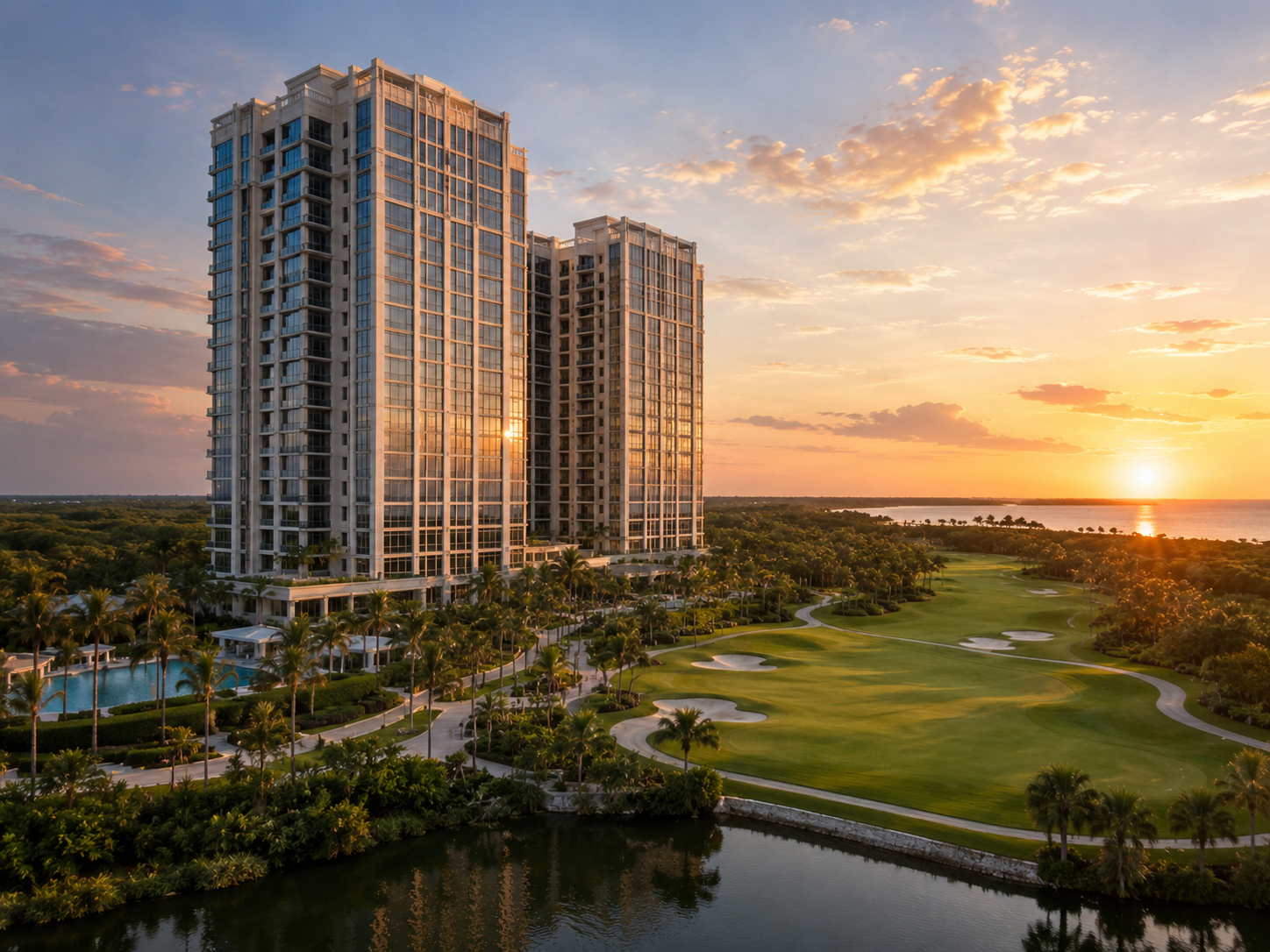 Pelican Bay towers, landscaping, golf course and sunset