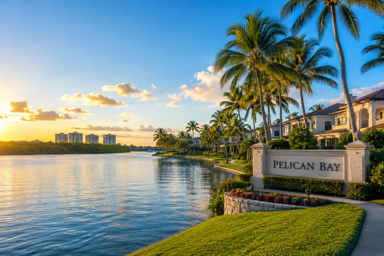 Pelican Bay sign at sunset with water