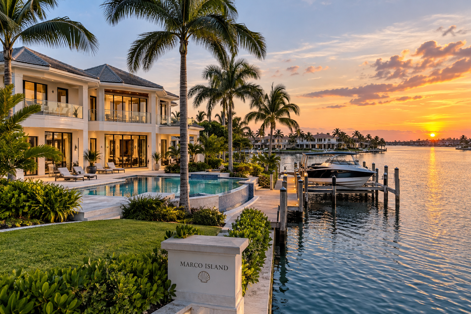 Marco Island waterfront real estate at sunset
